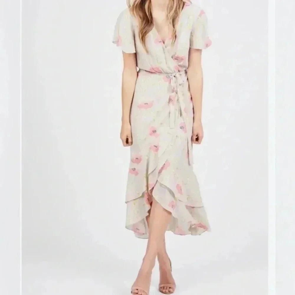 NWT RACHEL Rachel Roy French Vanilla Combo Floral Ruffle Wrap Dress